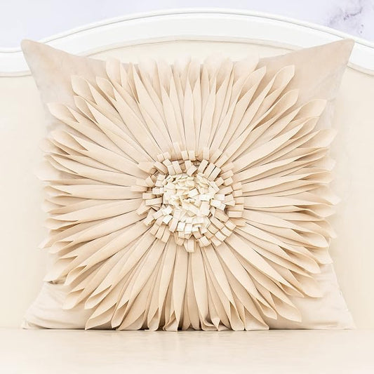 Beige 3D Flower Velvet Throw Pillow Cover Handmade with Hidden Zipper