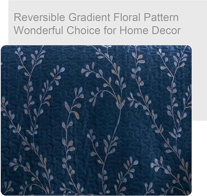 Exclusivo Mezcla Reversible Boho Quilt King Size Navy | Lightweight Soft Bedspreads, All Season Flowers Coverlet Bedding Set, Printed Floral Pattern, 1 Quilt and 2 Pillow Shams