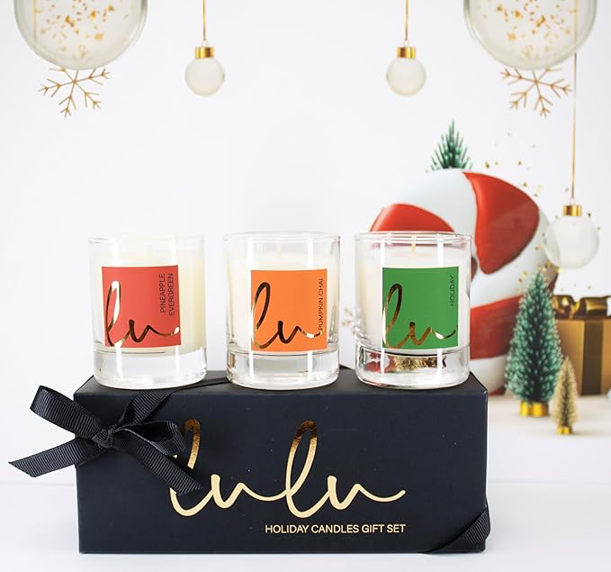 Lulu Candles Holiday, Pineapple Evergreen & Pumpkin Chai, 2.7 Oz Gift Set | 3 PC Votives, Luxury Scented Soy, Hand Poured in USA, Highly Scented