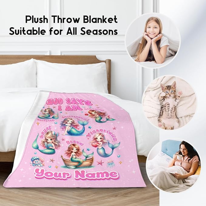 Personalized Mermaid Blanket for Girls, Custom Name Gift, God Says I Am Blanket, Cute Fleece Fuzzy Throw, 60"x80