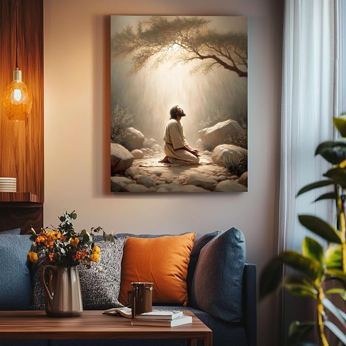 Framed Jesus wall decor for prayer room Christian wall art Jesus prayer canvas wall prints jesus praying in the Garden of Gethsemane Picture home decor Baptism gifts for boys-girl serenity prayer wall art 24X36 inch