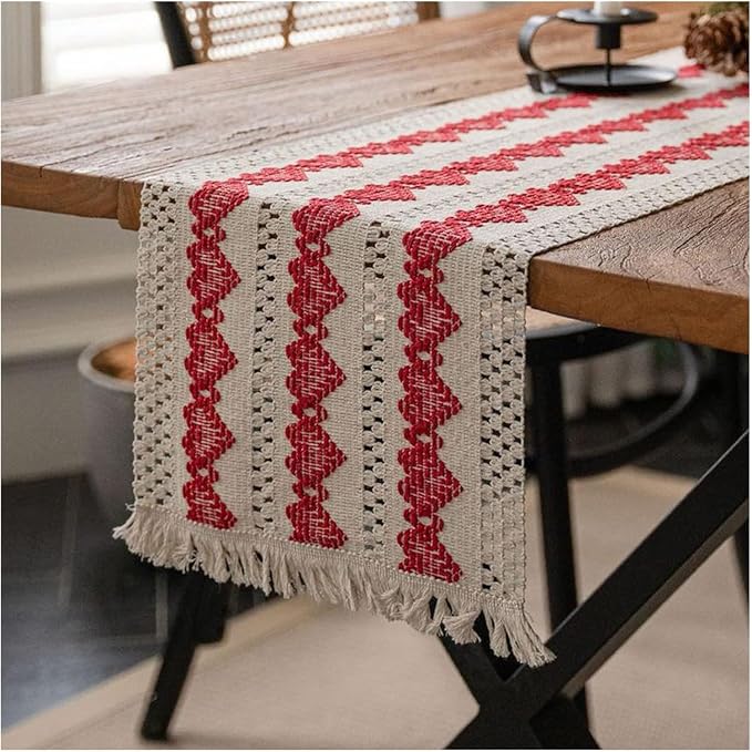 Macrame Table Runner Beige and Red Heart Boho Runners with Tassels 12x71in | Alynsehom Hand Woven Cotton Table Runner Rustic Farmhouse Table Runners for Valentine's Day Bohemian Kitchen Dining Table