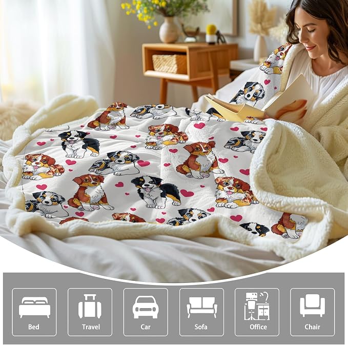 BlessLiving Throw Blanket, Red Dog Animal Australian, Twin | soft microfiber feel, Hearts Cat Plush Puppy 3D Gift print, for kids rooms, pet lovers, easy machine care
