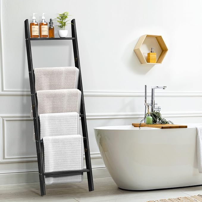 HONEST OUTFITTERS Blanket Ladders for The Living Room, 6-Tier Blanket Holder, Wall-Leaning Blanket Rack, Ladder Shelves, Wooden Quilt Ladder, Farmhouse Decor, Black