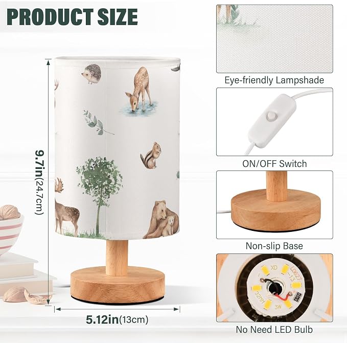 Bedside Table Lamp Woodland Animals Nightstand Lamp with Wood Forest Deer Bear Chipmunk Hedgehog Desk Lamps for Bedroom Living Room Nursery Office Home Decor