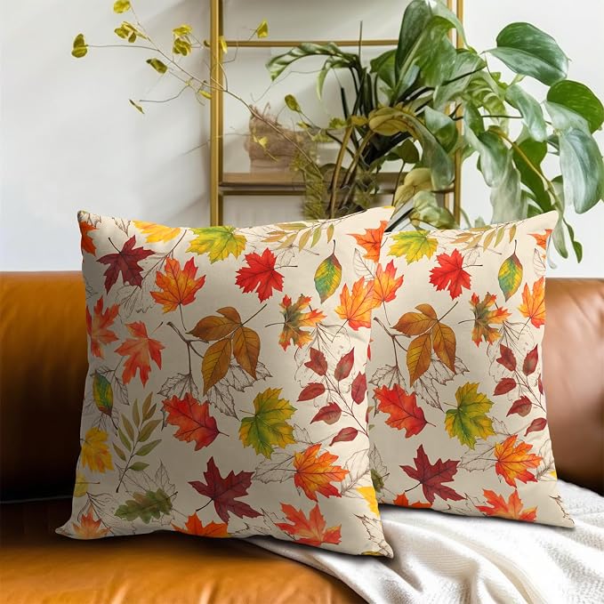 Autumn Leaves Throw Pillow Covers 18x18 inch Set of 2 Fall Maple Leaf Wild Plant Pillow Cases Thanksgiving Seasonal Farmhouse Outdoor Decor Cushion Cover for Home Porch Sofa
