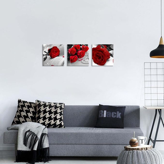NAN Wind 3 Pcs Black White with Red Wall Art Red Rose Wall Decor Abstract Decorations Flower Picture on Canvas for Home Decor Stretched and Framed 12X12inches