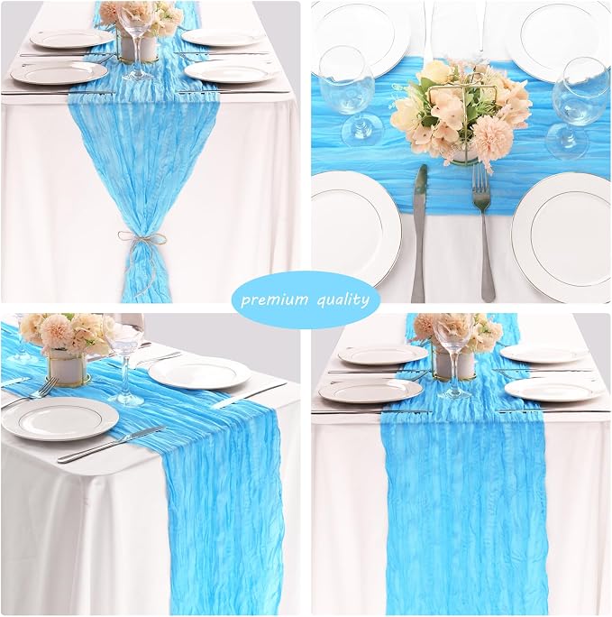 12 Pack Cheesecloth Table Runner 35x72 Inch Boho Gauze Rustic Cheese Cloth Romantic Long Table Runner for Wedding Bridal Shower Birthday Party Table Decor (Baby Blue)