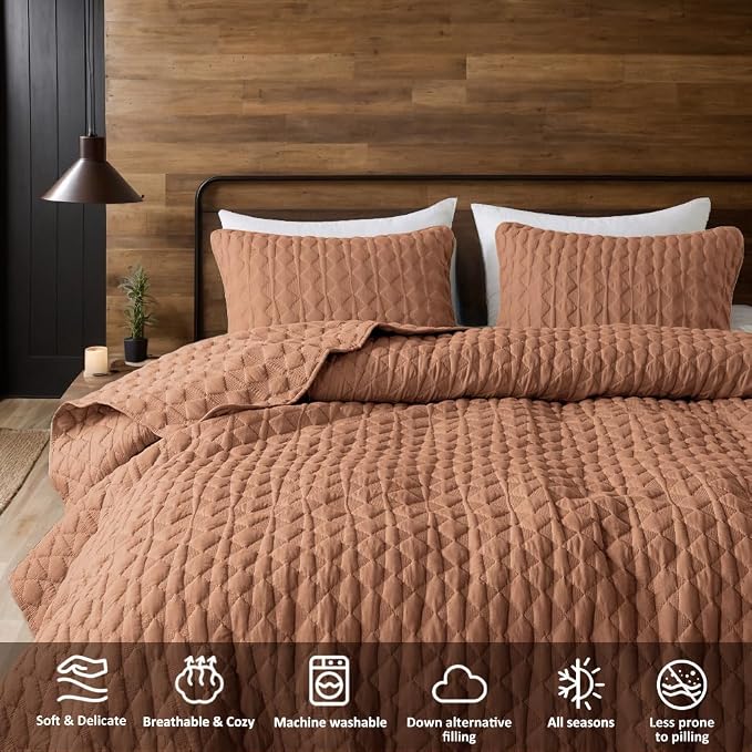 WDCOZY Burnt Orange Twin Quilt Size Bedding Sets with 1 Pillow Sham, Red Lightweight Soft Bedspread Coverlet, Quilted Blanket Thin Comforter Bed Cover for All Season, 2 Pieces, 68x90 inches