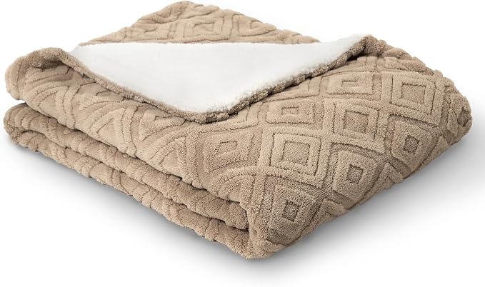 EverGrace Jacquard Reversible Sherpa Throw Blanket, 60" x 80", Khaki Tan | Jacquard Sherpa Throw Blanket, Super Soft, Cozy Plush Blanket, Reversible Thick Warm Throw for Bed, Sofa, Living Room