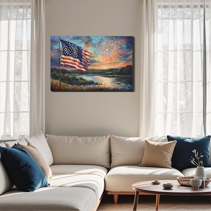 Framed American Flag Sunset Fireworks Wall Art, Patriotic 4th of July Canvas Art Pictures, USA Flag Wall Decor for Living Room Man Cave Bar, Ready to Hang Made in USA