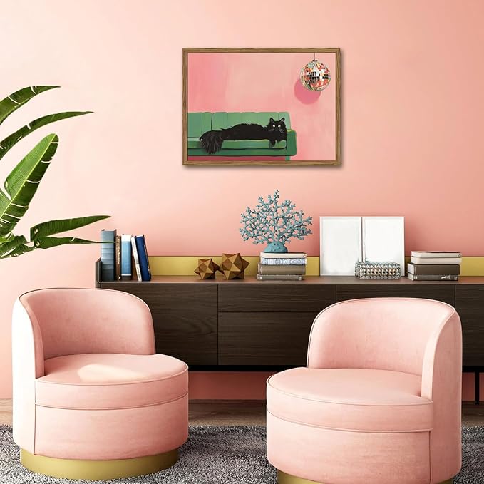 Funny Black Cat Wall Art, Cute Animal Wall Decor Painting, Eclectic Disco Ball Bar Cart Canvas Prints Artwork Pictures for Bedroom Living Room 12x16 inch Wood Framed