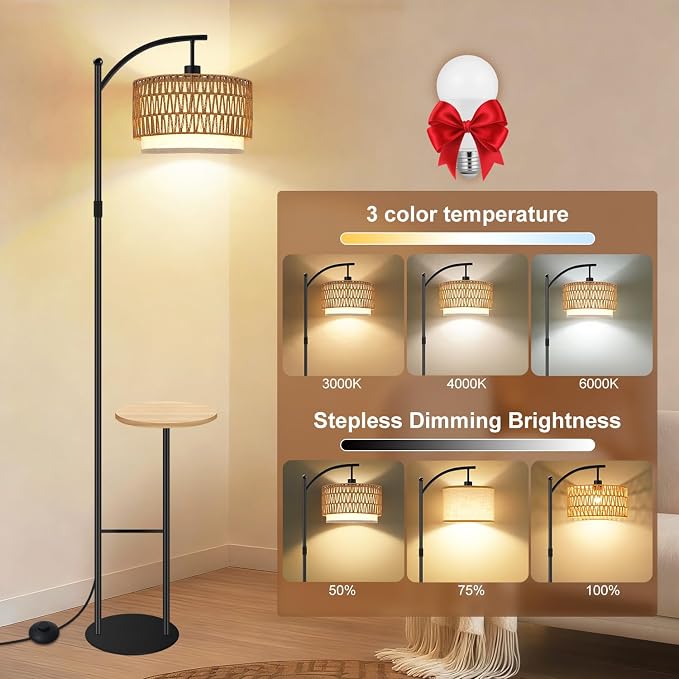 Vinaco Rattan Boho Floor Lamp with Table, Dimmable Remote & Foot Switch