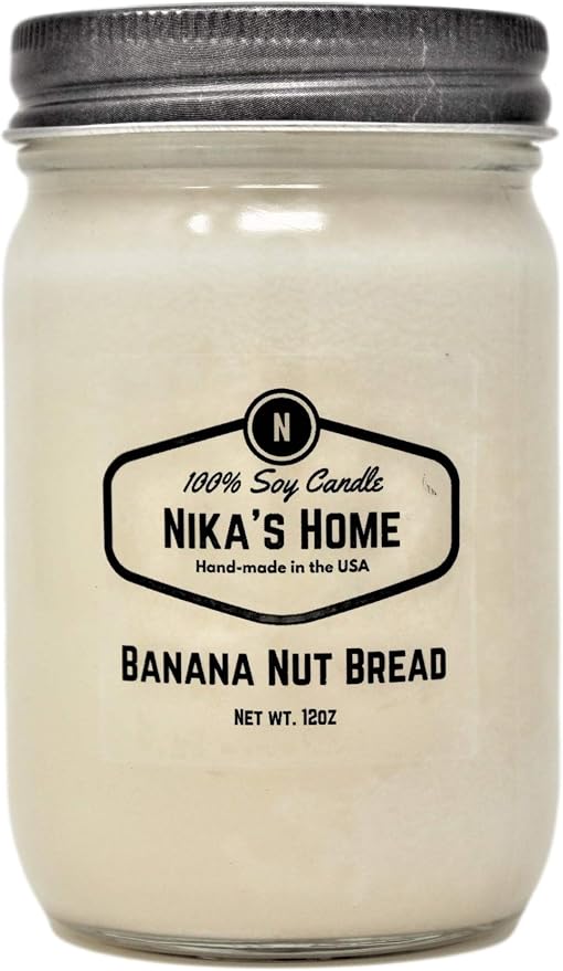 Nika's Home Banana Nut Bread Soy Candle - 12oz Mason Jar - Non-Toxic - Hand Poured in The USA, Long Burning 50-60 Hours Highly Scented All Natural, Clean Burning