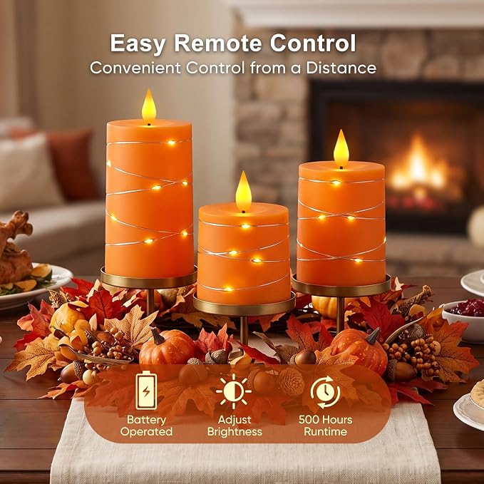 Raycare Orange Battery Operated Flameless Pillar Candle with Remote Timer