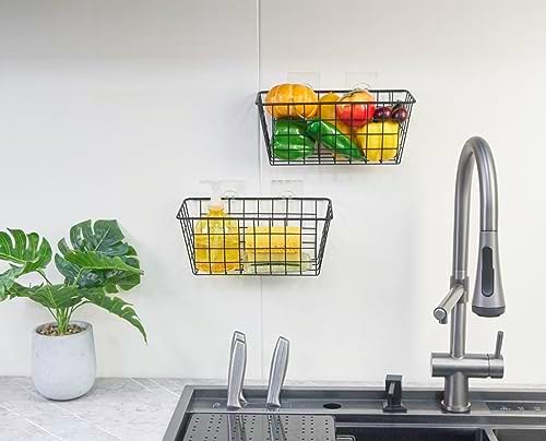 JUNCHU CHERRY 2 Pack Hanging Storage Basket, Bathroom Basket, Household Goods, with Traceless Tape, no Drilling, for Cabinet Storage, Kitchen, Bathroom, Storage Room,Black