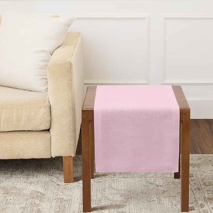 Solino Home 100% Pure Linen Dining Table Runner Pink, Athena 14 x 36 in | brings a tailored look to family meals and hosting, European flax fibres, low iron finish, Bubblegum Pink, OEKO-TEX Certified