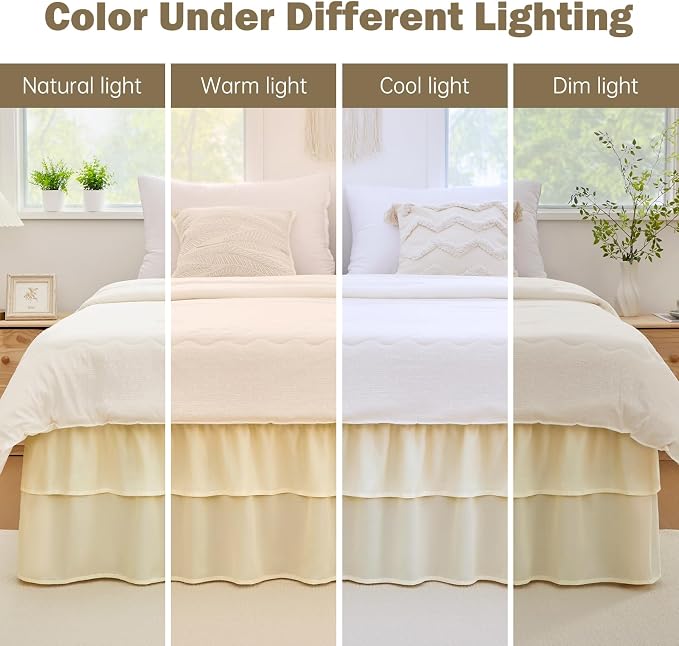 Cream Yellow Queen Bed Skirt 18 Inch Drop, Double Layer Dust Ruffle | Hides Storage, Double Layer Ruffle, Elastic Stays Put, Soft Fabric, Machine Washable, Elegant Look