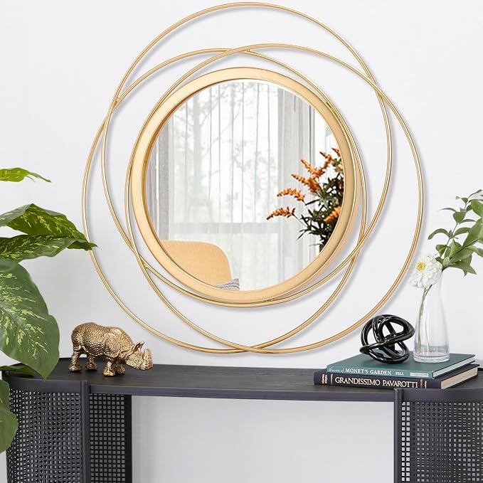 Wall Mirror Mounted Gold Large Round Decorative Mirrors, Circle Metal Art Mirror Home for Bathroom Vanity, Living Room or Bedroom 24" x 24"