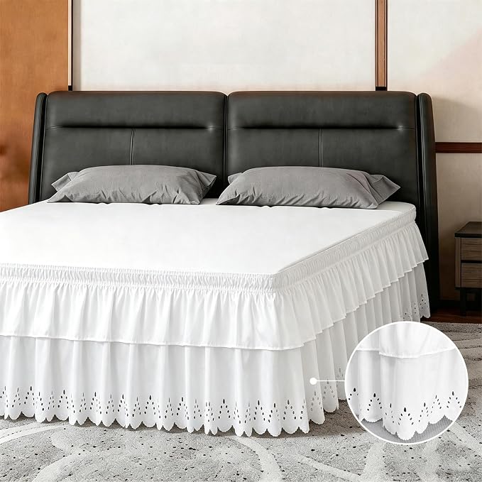 Twin Bed Skirt, Double-Layered Ruffled Eyelet Bed Skirt, Wrap-Around Elastic Dust Ruffle Twin Size with Gathered Styling and Embroidered Details, 18" Drop Length (White)