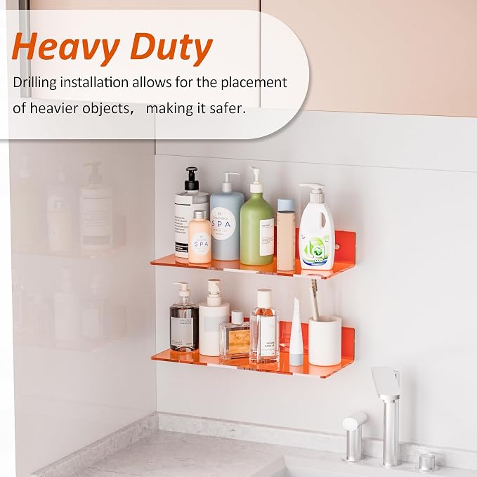 Sezanrpt 15 Inches Orange Acrylic Wall Shelves 2 Pack, L Shape Floating Shelf, Perspex Wall Mounted Shelves for Home Décor, Model Car, Candle, Calendar, Towel, Tissue
