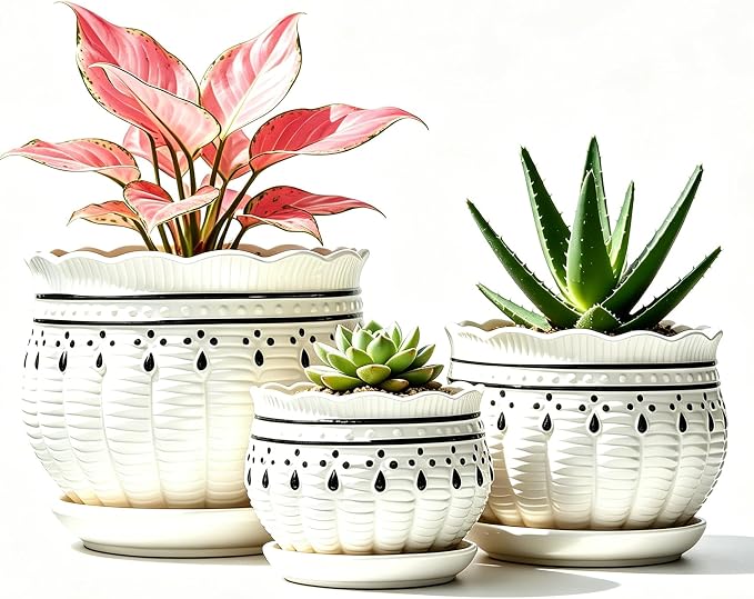 Vintage Flower Pots for Indoor Plant, Round Ceramic Plant Pots with Drainage Holes and Saucers, 6.7/5.2/3.9 Inches Retro Flower Planters Set of 3