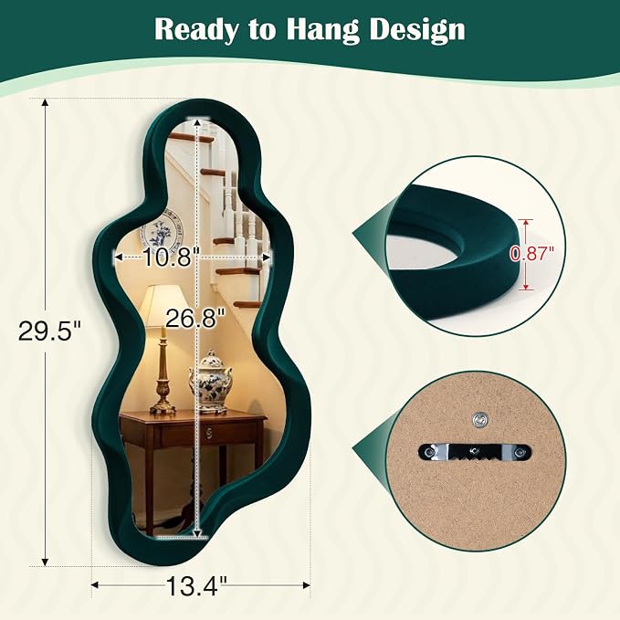 Large Decorative Wall Mirror for Bedroom Dresser Decor,Dark Green | 13.8x29.7",Soft Flocking Touch,Abstract Wavy Wall Mirrors for Home Book Coffee Shop Hotel Decoration,Unique Gift