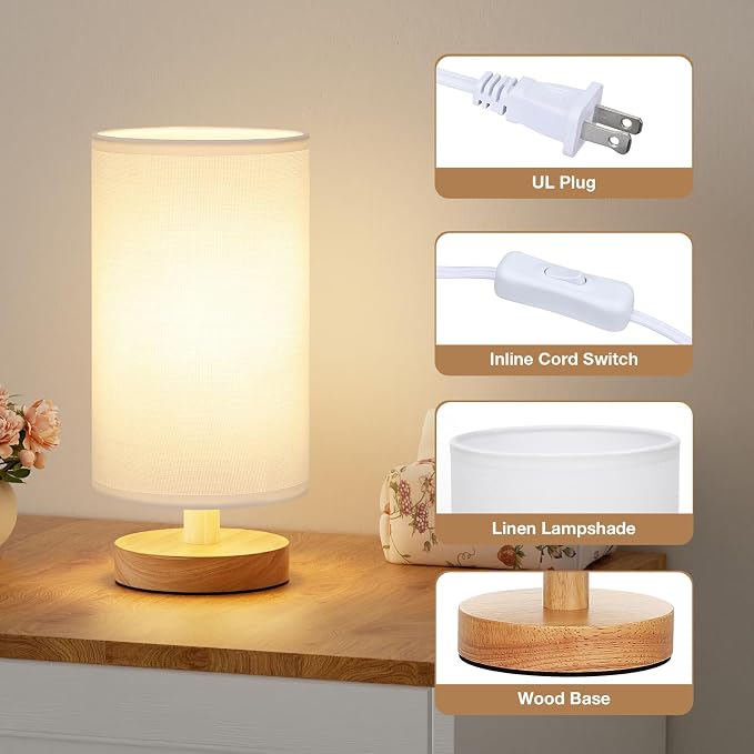 Fenmzee Small Table Lamps (White Shade - Wood Base, 9" Inline Control)