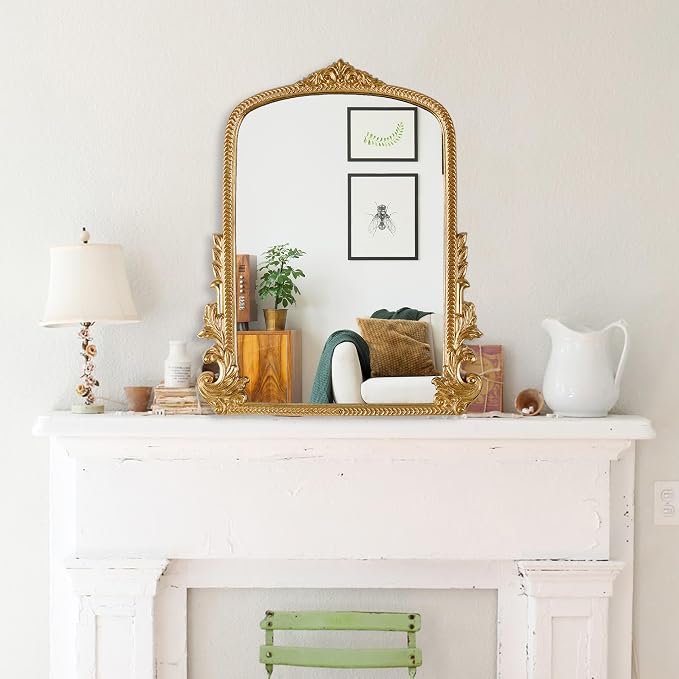 Gold Arched Mirror (15.9 * 19.8 inches) Ornate Baroque Arch Wall Mirror-for Living Rooms, Hallways, Fireplaces, Bathrooms, Entryways