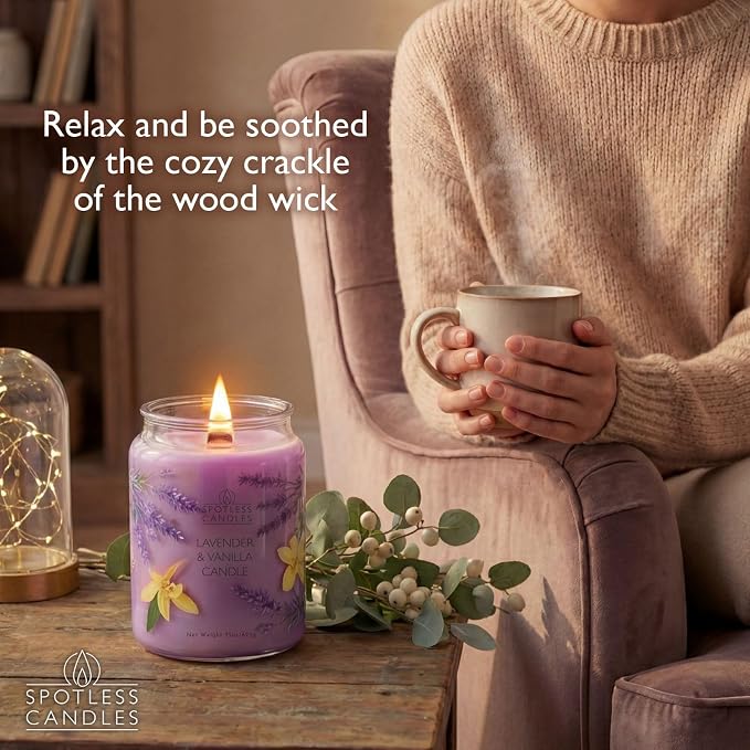 Vanilla & Lavender Candle 22oz Glass Jar with Wooden Wick in a Decorated Jar Within a Presentation Gift Box and Protective Shipping Box