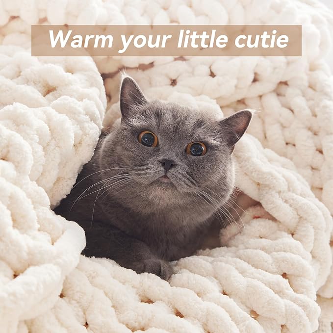 Negwoo Chunky Knit Throw Blanket, 50''*60'' Knitted Throw Chenille Yarn for Bed Couch, Handmade Cream Crochet Big Thick Blanket, Machine Washable Cute Comfy Blanket for Home Decor | Soft Thick Cable Knitted Blankets, Handmade Big Thick Blanket, Machine...