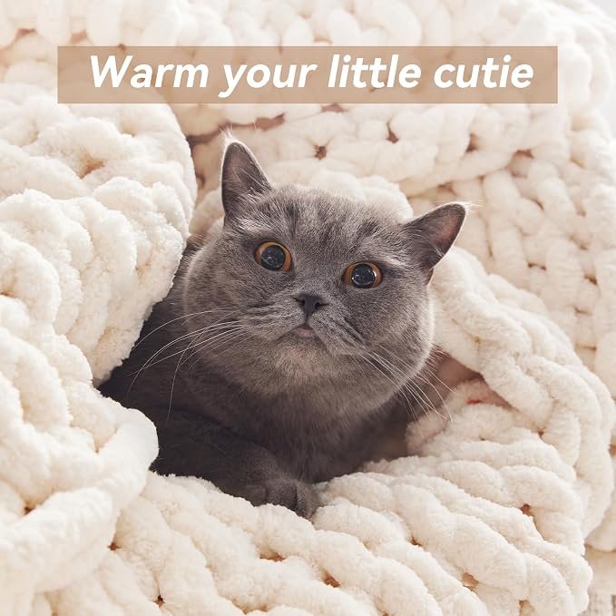 Negwoo Chunky Knit Throw Blanket, Knitted Throw Chenille Yarn, 60"*80" | Soft Thick Cable Knitted Blankets, Handmade Big Thick Blanket, Machine Washable Cute Comfy Blanket for Home Decor,Cream White