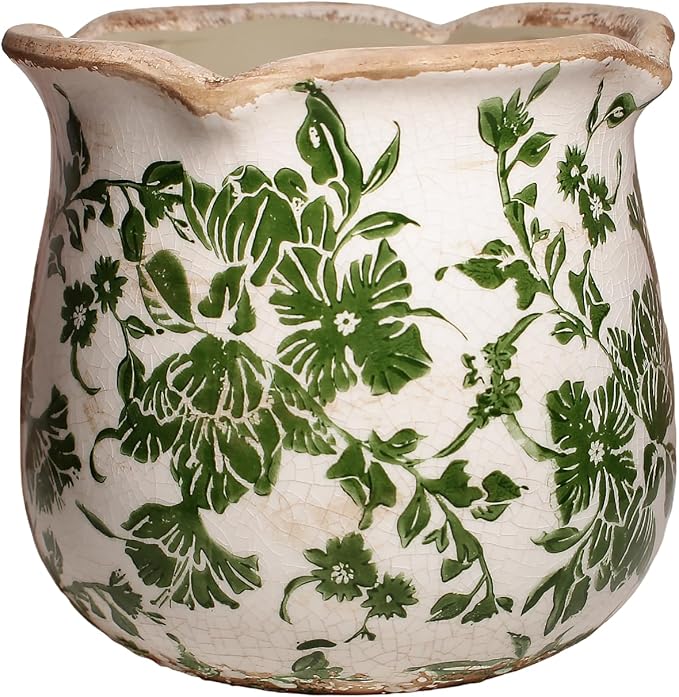 Xiaan Jiaju Tuscan Ceramic Plant Pots, Vintage Planter & Vase with Drainage | 6.11" Decorative Vases and Flower Pots for Indoor Plants, Farmhouse Home Kitchen Garden Decor, Plant Lover Gifts, Green