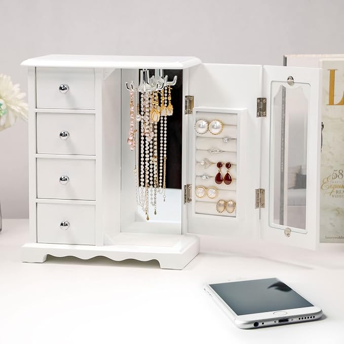 Kendal Wooden Jewelry Box for Women, Solid Jewelry Organizer, Jewelry Holder Organizer, Mothers Day Gifts, Wood Jewelry Case with Mirror for Necklaces, Earring, Rings (4 Drawer, White)