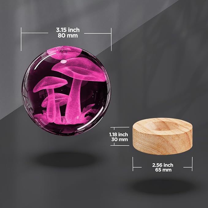 Mushroom Crystal Ball Night Light - 3.15 inch Glass Ball Lamp with 16 Color Changing Wooden Base and Remote - Ideal Gifts for Friends, Kids, Christmas, Birthday - Cute Mushroom Decor