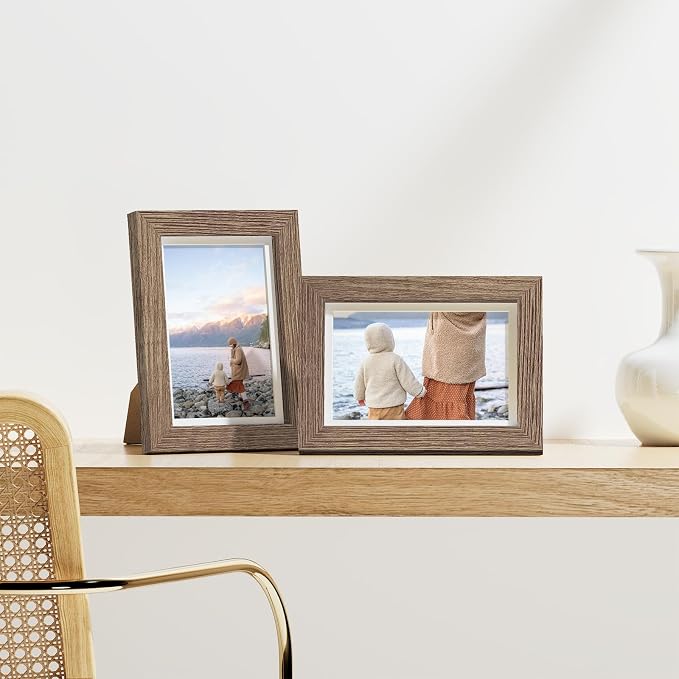 Vittanly 5x7 Picture Frames Set of 9 for Wall Mount or Tabletop, Dark Oak | Display Pictures 4x6 with Mat or 5x7 without Mat, Small Photo Frames, Engineered Wood with Shatter Resistant Plexiglass
