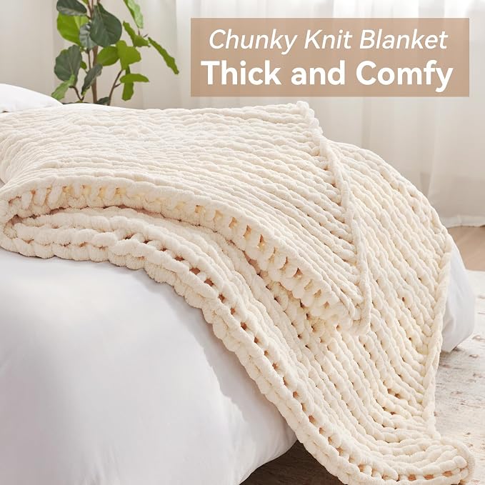 Negwoo Chunky Knit Throw Blanket, Knitted Throw Chenille Yarn, 60"*80" | Soft Thick Cable Knitted Blankets, Handmade Big Thick Blanket, Machine Washable Cute Comfy Blanket for Home Decor,Cream White