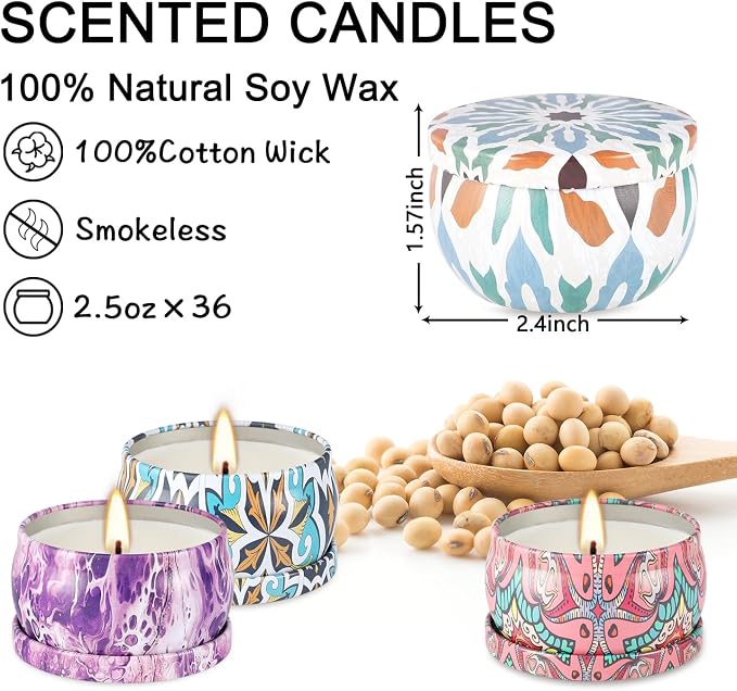 YOROXRG 36 Pack Multicolored Scented Candles Gifts Soy Wax Travel Tin Jar Candles for Home 2.5 OZ for Mom,Christmas, Home Scented Decoration Birthday, Thanksgiving, Mother's Day(Color: Brown)