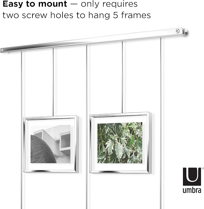Umbra Exhibit Picture Frame Set, Adjustable Wall Mount, Set of 5, Chrome | Steel construction, customizable layout, damage-free hanging, fits 4x6 and 5x7 photos, includes mounting hardware