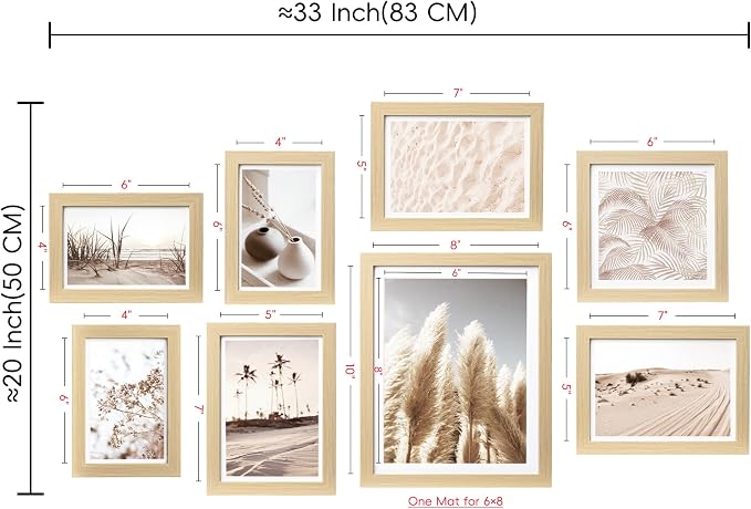 Gallery Wall Frame Set, 8 Pack Beige Picture Frames, Small | Collage Pampas Grass Prints Wall Art Decor for Living Room, Entryway, Stairway, Bedroom, Assorted Size