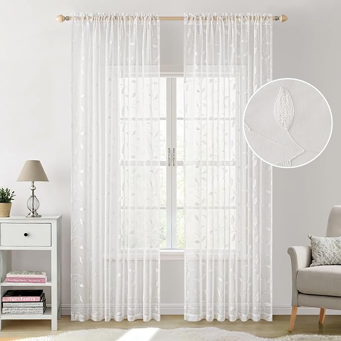 MIULEE White Sheer Curtains 2 Panels Embroidered Leaf Patterned, W52 x L96 | Embroidered Floral Semi Sheer,Rod Pocket,Faux Linen,Short Window Curtains Drapes Set for Kitchen/Bathroom/Cafe