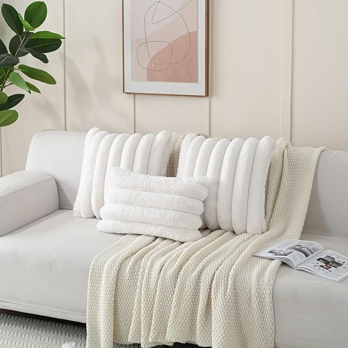 HAUSSY Pack of 2 Pillow Covers 16x16 Inch, Faux Fur Decorative Couch Throw Pillows Soft Striped Plush Cushion Covers Home Decor Cute Furry Pillowcase for Living Room Sofa Bed, Cream White