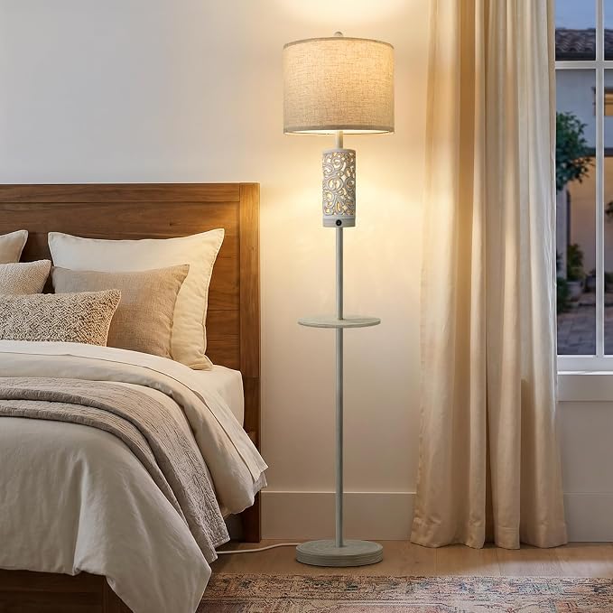 OYEARS 65" Farmhouse Floor Lamp for Living Room, Vintage Dimmable Floor Lamp with Table, Main&Night Light, Dual Switches&Remote Control, Tall Standing Lamp for Bedroom Nursery, Bulb Included, White