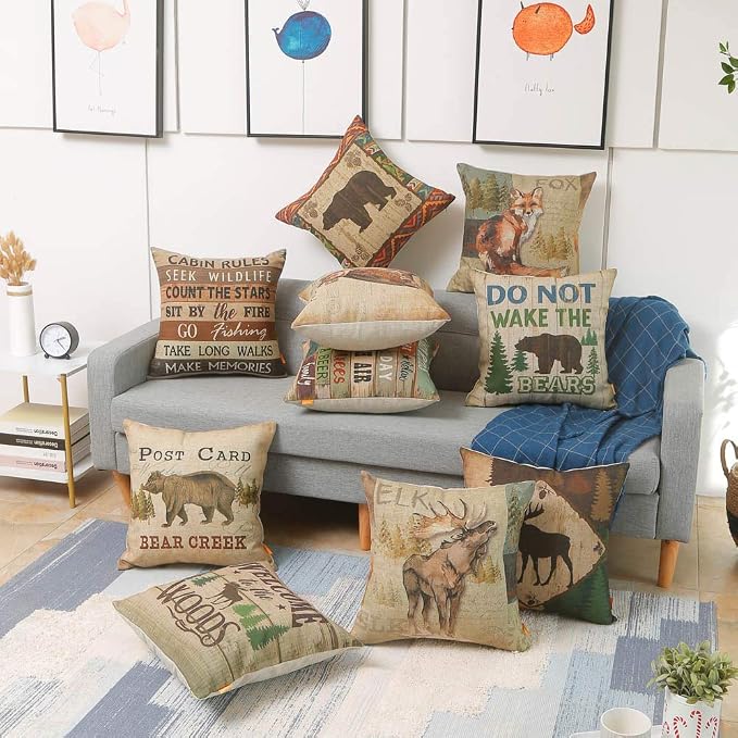 Lodge Cabin Pillow Cover 18x18 Inch Welcome to the Woods Moose Design Home Sofa Decorative Throw Cushion Cover Furniture Square Printed Pillowcase Hidden Zipper CC1787