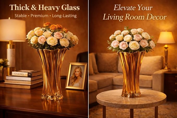 Glass Vases for Flowers，Thickened 3.5 lb Modern Vases for Tables Centerpieces for Home Decor, Colorful and Clear Irregular Crystal Vase (Amber)