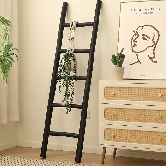 FUIN Blanket Ladder, 57in Rustic Wood Decor Rack, Fully Assembled, Black | Farmhouse living room accent, Layered blanket towel quilt display, Visible wood grain, Bathroom and Bedroom use