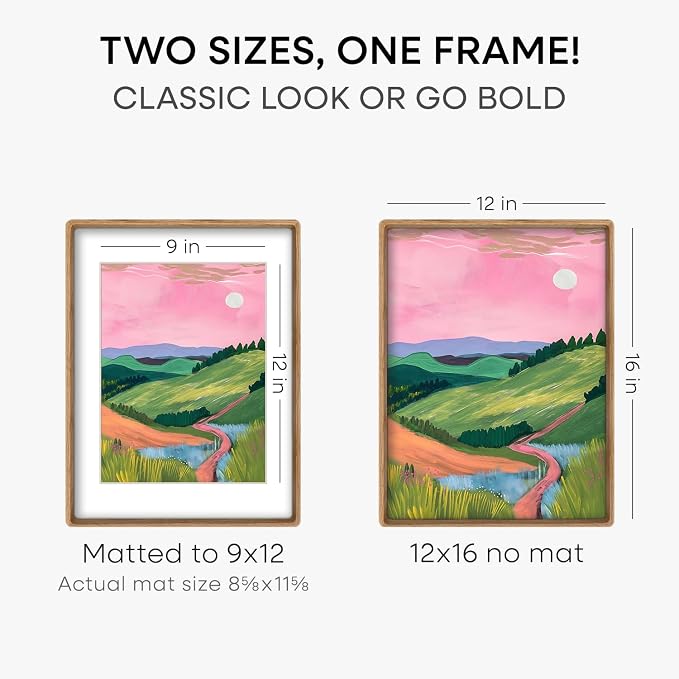Homeforia 12x16 Mortise&Tenon Natural Oak Picture Frame, 9x12 Mat, Glass