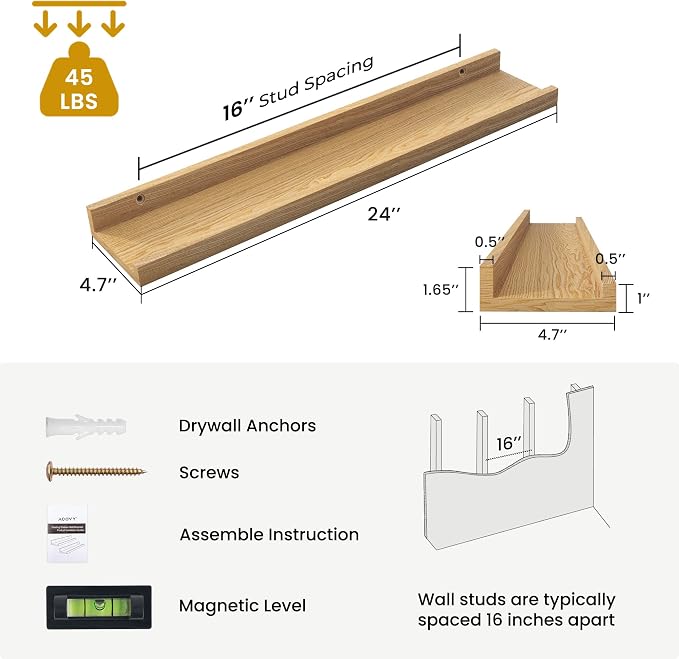 Acovy Solid Ash Wood Picture Ledge Shelf, 24 Inch, Natural, Set of 2
