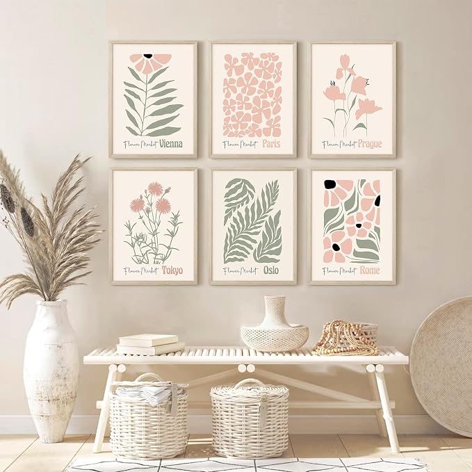 Baccone Boho Botanical Wall Art Prints Blush Pink Canvas Wall Decor Flower Market Wall Art Poster Abstract Aesthetic Pictures Pink Floral Artwork for Room Bedroom Set of 6 12x16 Inch Framed