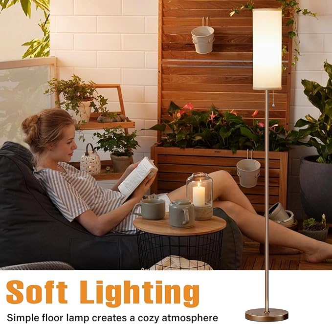 Ambimall 64" Floor Lamp with Bulb & Lampshade & Chain Switch, White & Brown